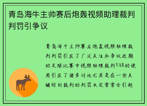 青岛海牛主帅赛后炮轰视频助理裁判判罚引争议